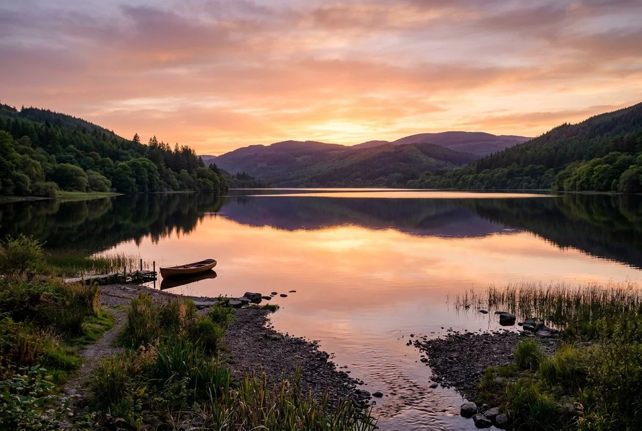 Serene lake view during sunset